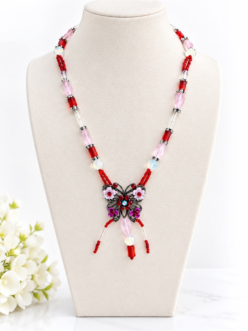 Butterfly Statement Beaded Necklace Red Pink Silver Tone 17”